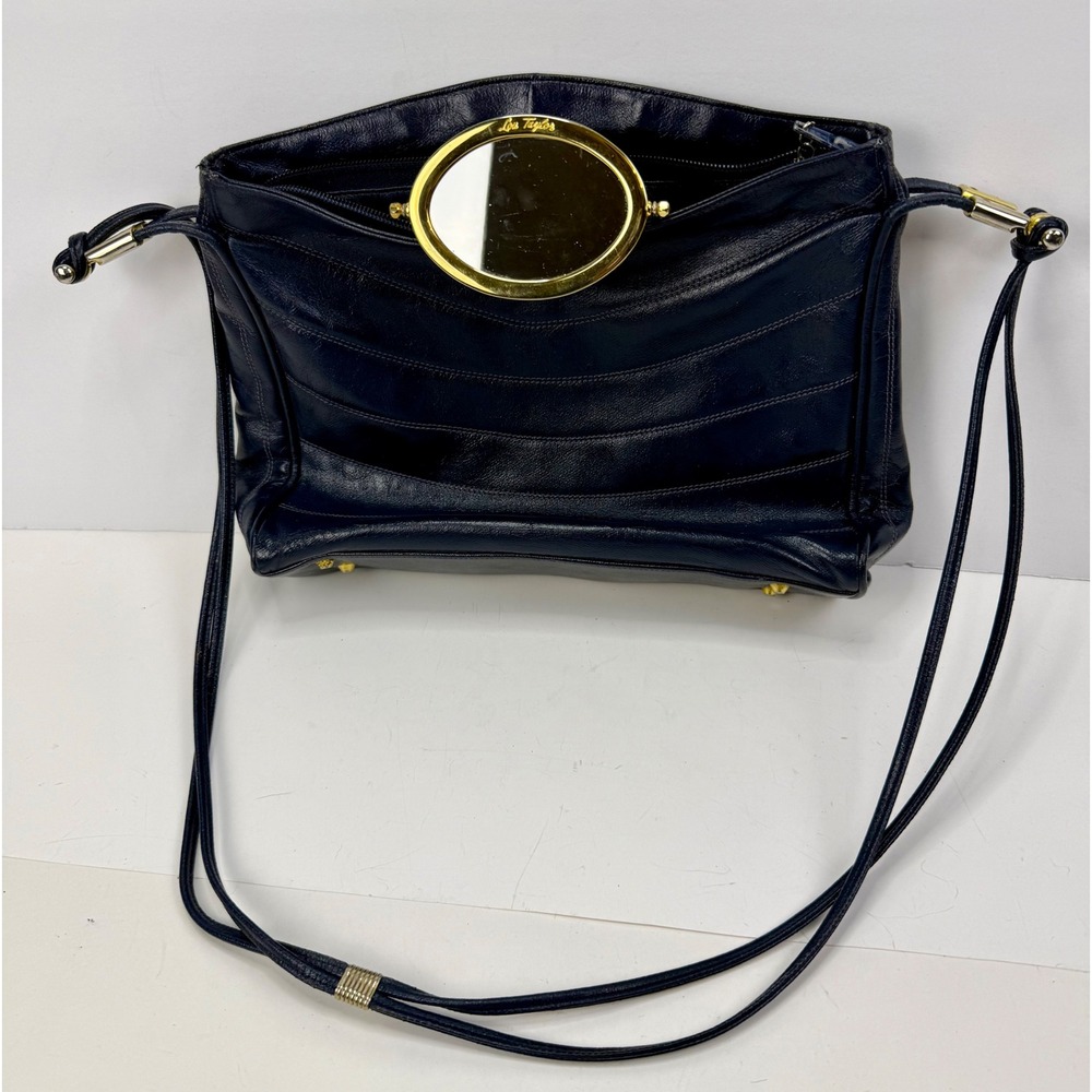Vintage Lou Taylor Navy Blue Leather Crossbody Bag with Interior Vanity Mirror